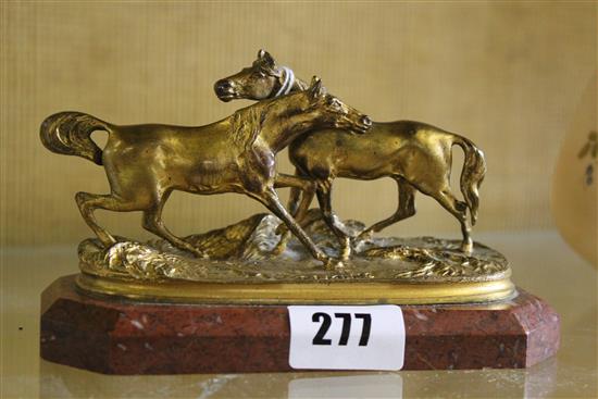 After P J Mene, LAccolade, a gilt bronze group of two horses, on marble base (rubbed, 1 leg a.f)